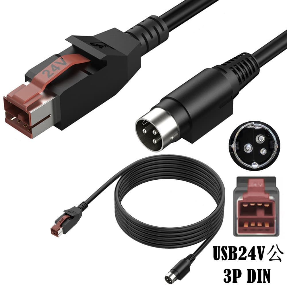 Cabo de alimentação USB para porta redonda de 3 pinos e 3 pinos alimentado por 24V 1.8 m | Adequado para Terminal IBM/Ep
