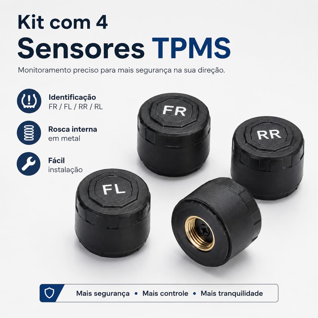 Sensor Externo TPMS de Reposição FL FR RL RR ou Kit 4 para Monitor de Pressão dos Pneus
