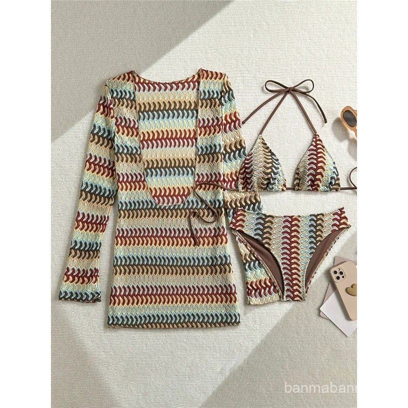 Biquíni estampado com capa de manga longa, roupa de banho feminina, conjunto de biquíni de três peças, maiô de banho M16