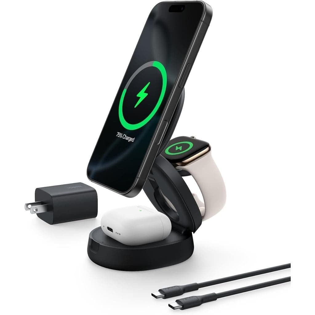 Carregador Belkin Compatível com MagSafe, Estação de Carregamento Sem Fio 3 em 1 Qi2 15W, Carregador Sem Fio Conversível