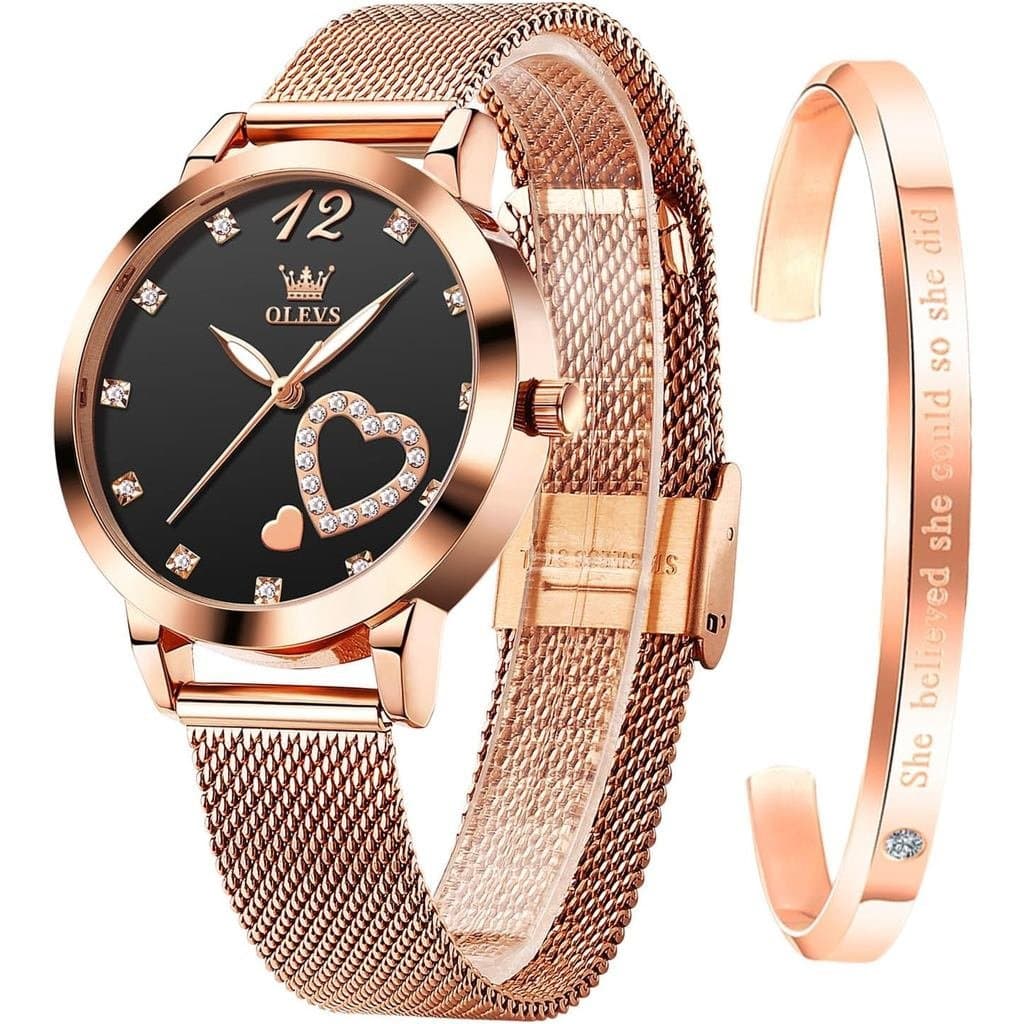 Relógio OLEVS em Ouro Rosado para Mulheres, Pulseira de Malha, Estilo Fashion, Corações, Quartzo Japonês, Resistente à Á