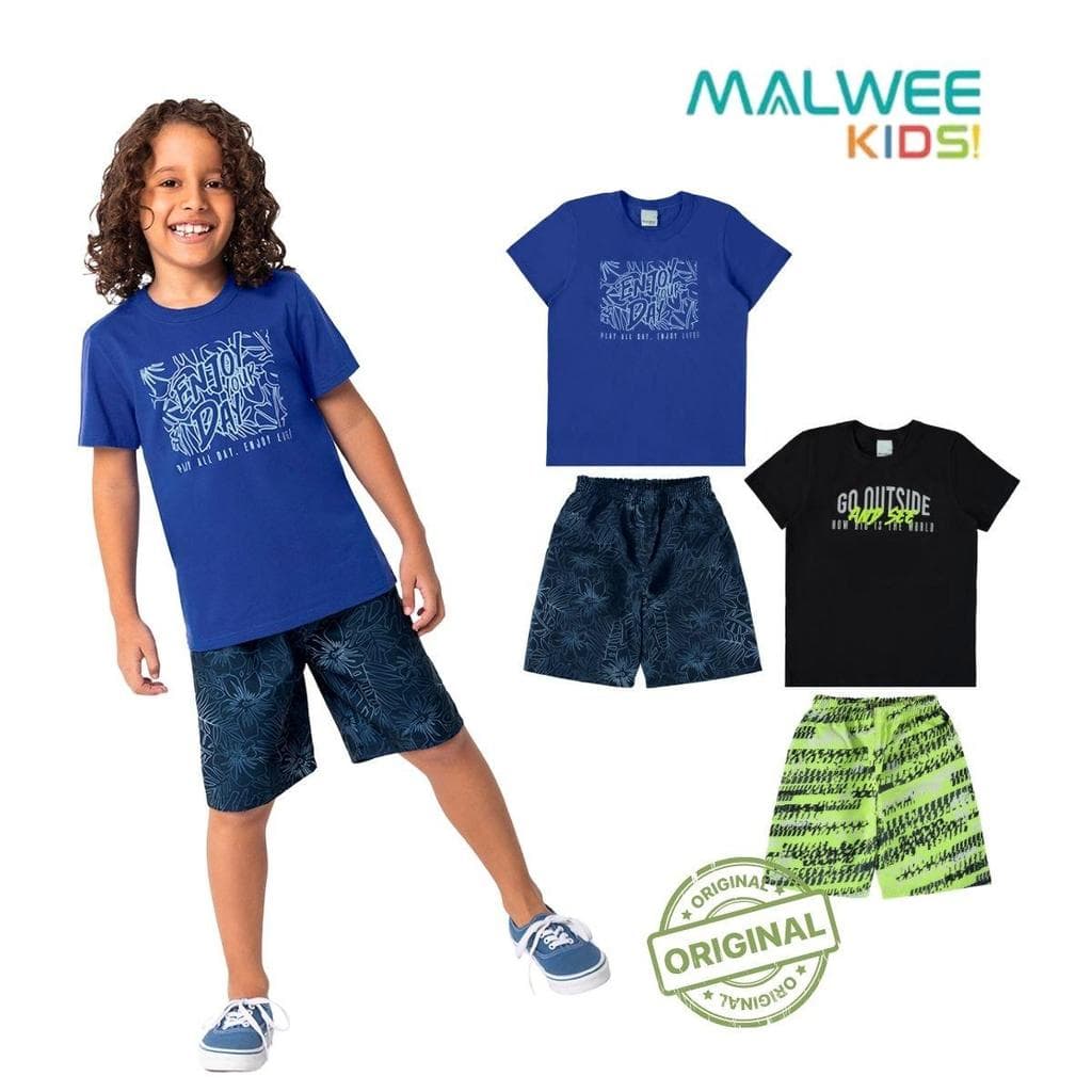 CONJUNTO INFANTIL MENINO CAMISETA ALGODÃO SHORTS TACTEL ESTAMPADO MALWEE VERÃO