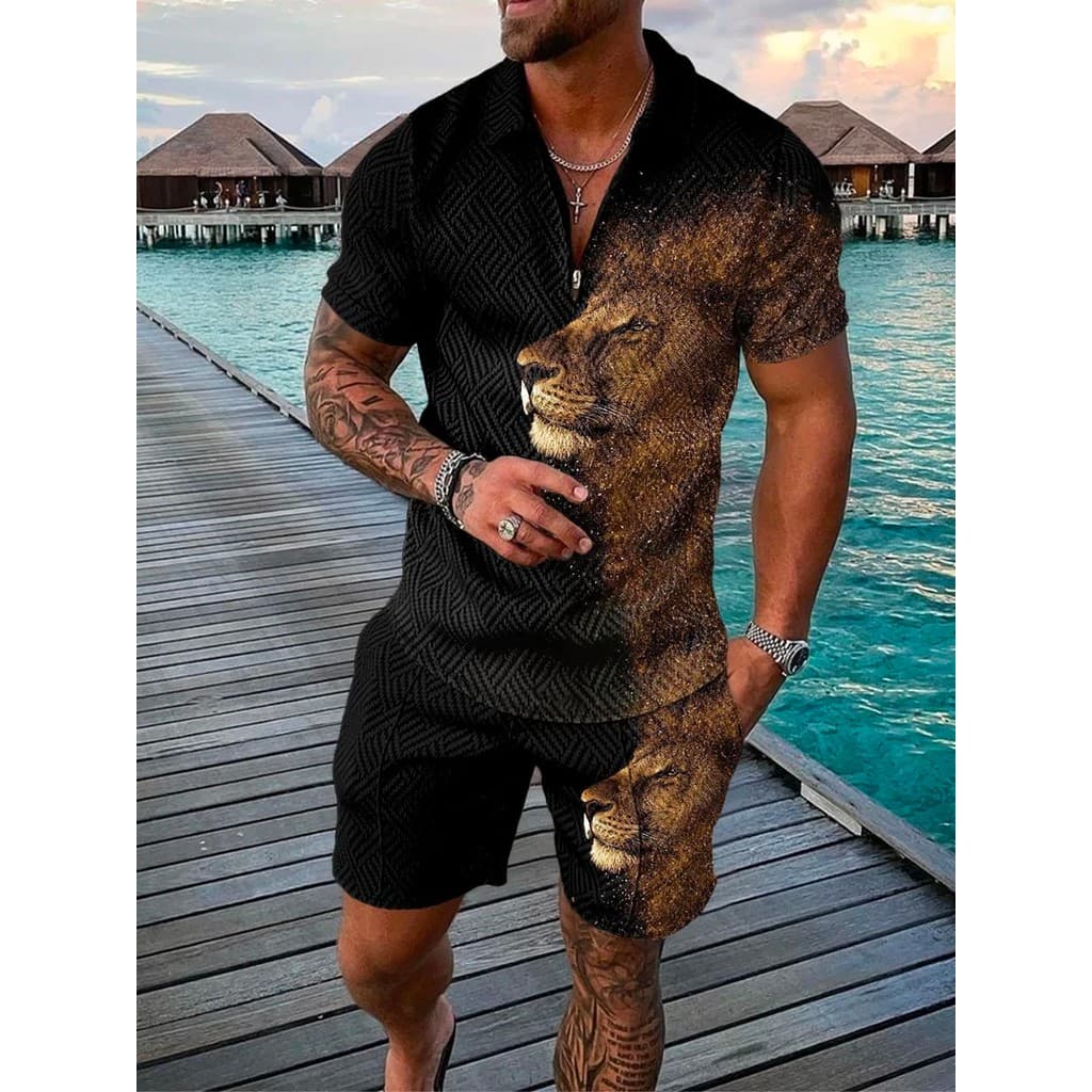 Conjunto de Verão com Camisa Polo de Manga Curta + Calções com Bolsos, Conjunto de 2 Peças, Moda Masculina, Estampa 3D,