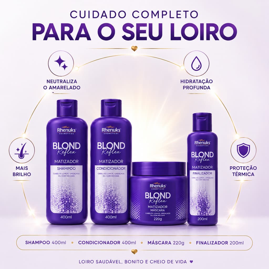 Kit 4 Rhenunks Blond Reflex – Matizador Potente para Loiros, Hidrata e Neutraliza Tons Amarelados