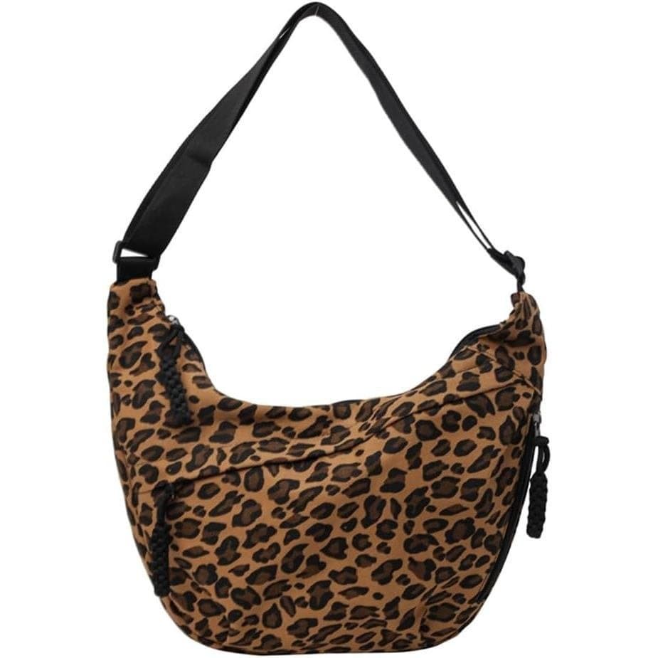Bolsa de Ombro Feminina Estampa Leopardo, Bolsa Transversal Meia-Lua de Nylon, Bolsa Hobo Transversal com Estampa de Leo