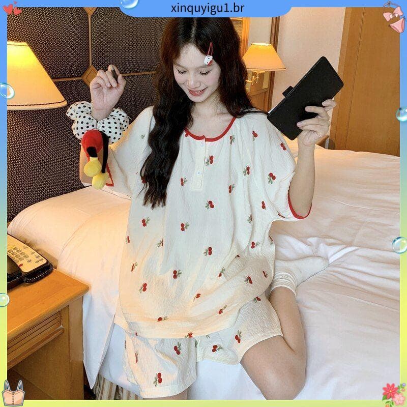 Pijamas femininos verão fino de manga curta nuvem algodão novo estilo bonito em torno do pescoço estudante Homewear meni