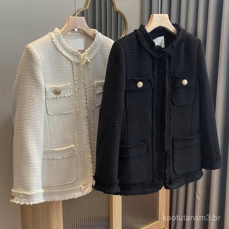 Blazer Feminino S-XXL em Tweed, Gola Redonda, Corte Solto, Moda Primavera-Outono, Casual Elegante para Escritório e Ocas