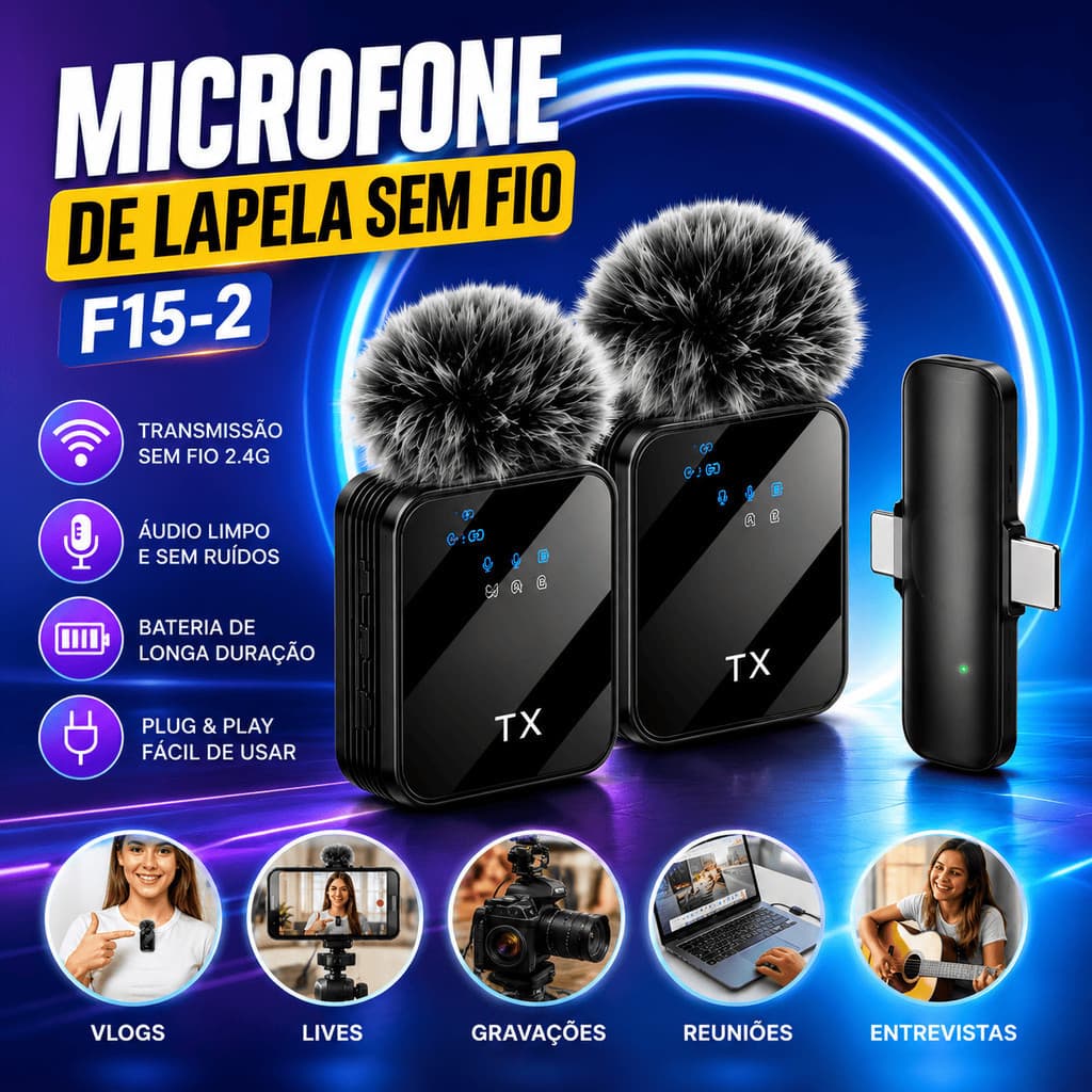 Microfone Lapela Sem Fio F15 2em1 Tipo-C Cancelamento Ruído Live Gravação Plug Play Duplo Entrevista Podcast