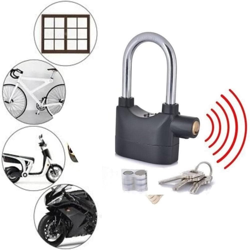 CADEADO COM ALARME 110DB ANTI FURTO SENSOR SONORO HASTE LONGA MOTO BICICLETA PORTÃO CARRO 2 EM 1