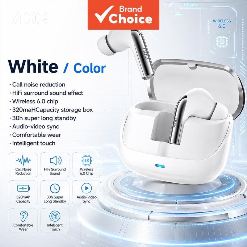 Fones de Ouvido AOC ACT4635, Fones Bluetooth 6.0, Fones de Ouvido, Redução Inteligente de Ruído, Fones Dinâmicos de