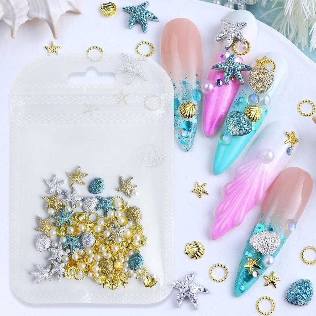 Summer Beach Sea Shell Nail Studs 3D Gold Silver Blue Starfish Nail Charms with Pearls Ocean Theme Resin Charms for Wome