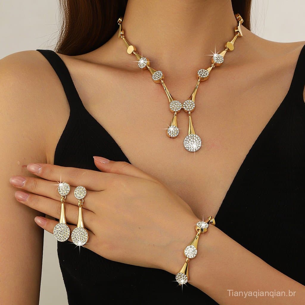 Novo conjunto de joias de liga metálica com diamantes, estilo europeu e americano, acessórios femininos elegantes e requ