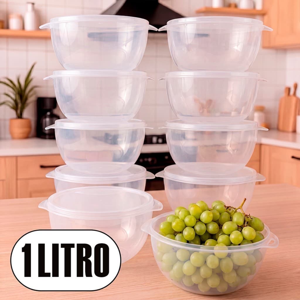 Kit 10 Bowl Preto 1000ml com Tampa Potes Kaziva - Reforçados Cozinha Alimentos e Marmitas Congelador - Variações