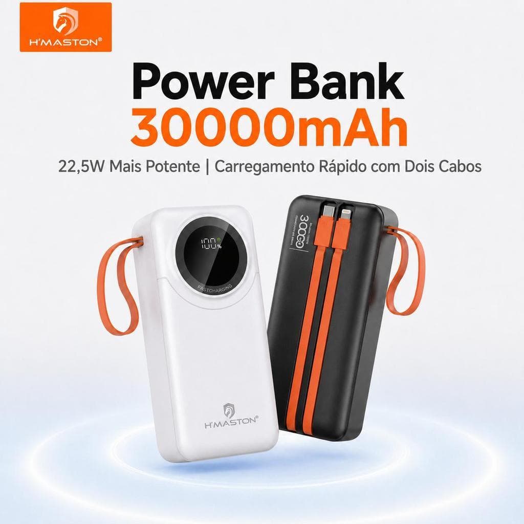 H'MASTON YD66 Power Bank 30000mAh Carregador Portátil 22.5W Carregamento Rápido PD20W com Cabos Integrados Type-C e