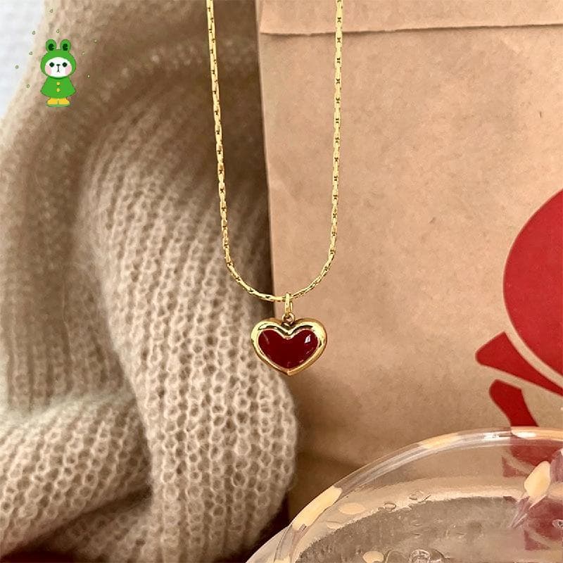 Colar Com Pingente De Coração Vermelho Para Mulheres , Gargantilha Delicada Banhada A Ouro Esmaltada De Amor , Corrente