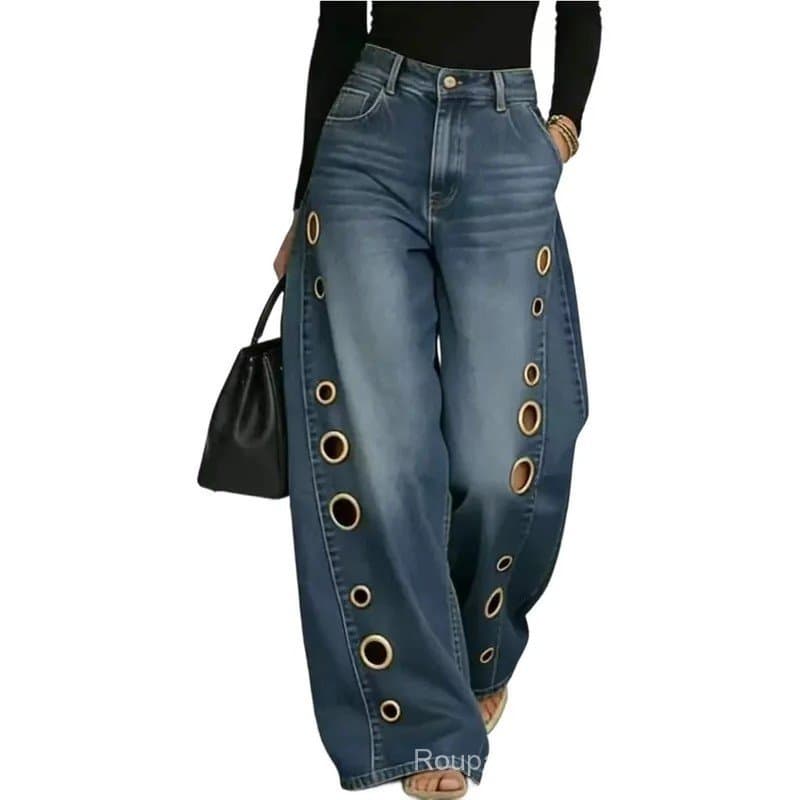 Verão 2026 Novas Calças Jeans Femininas Americanas com Detalhes Vazados, Perna Larga, Soltas, Estilo Y2K, Vintage Corean