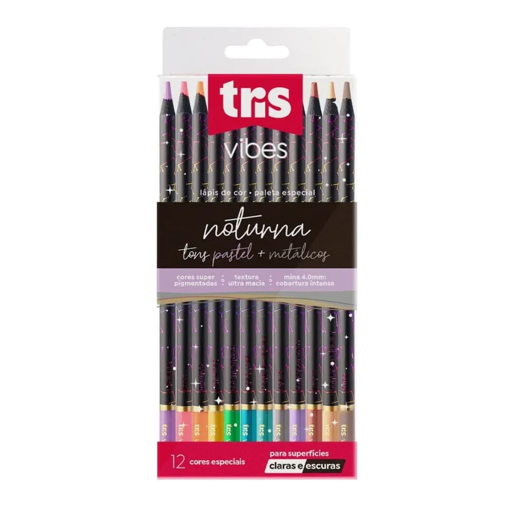 Lápis de Cor Tris Vibes Noturna Tons Metálicos e Pastel 12 Cores