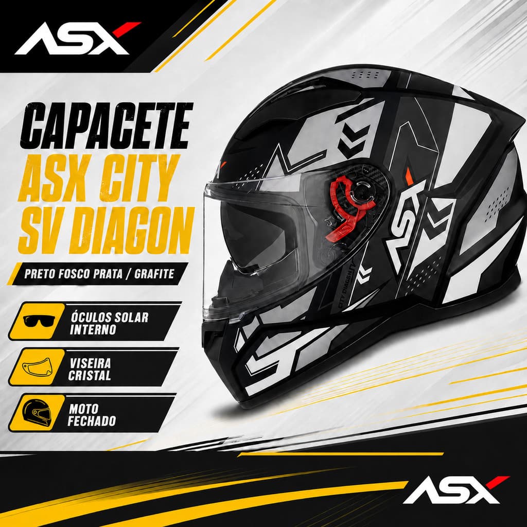 Capacete ASX City SV Diagon Preto Fosco Prata Grafite Fechado com Óculos Solar Interno e Viseira Cristal