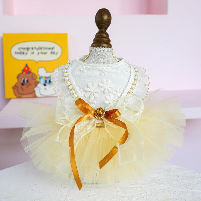 Roupa para Animais de Estimação, Vestido de Casamento Dourado para Cães e Gatos de Verão, Vestido de Princesa com Laço d