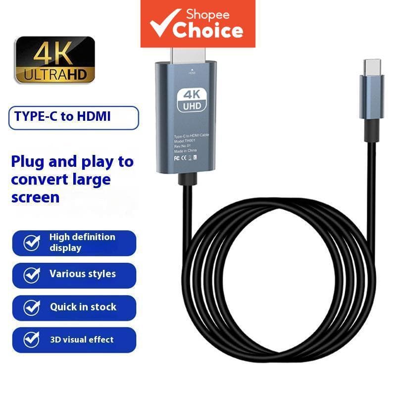 Cabo de mesma tela tipo-C para HDMI, cabo de projeção de tela 4K HD, adaptador tipo-C para HDMI.
