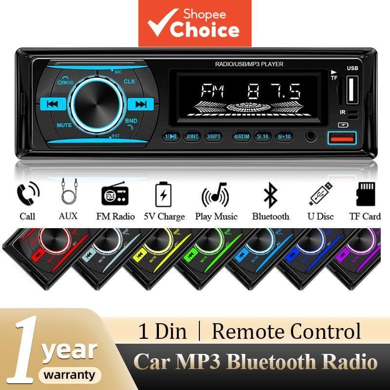 Hippcron Rádio Automotivo 1din Universal Rádio Carro MP3 Player FM/BT/AUX/USB/TF/Carregamento de Celular 7 Luzes