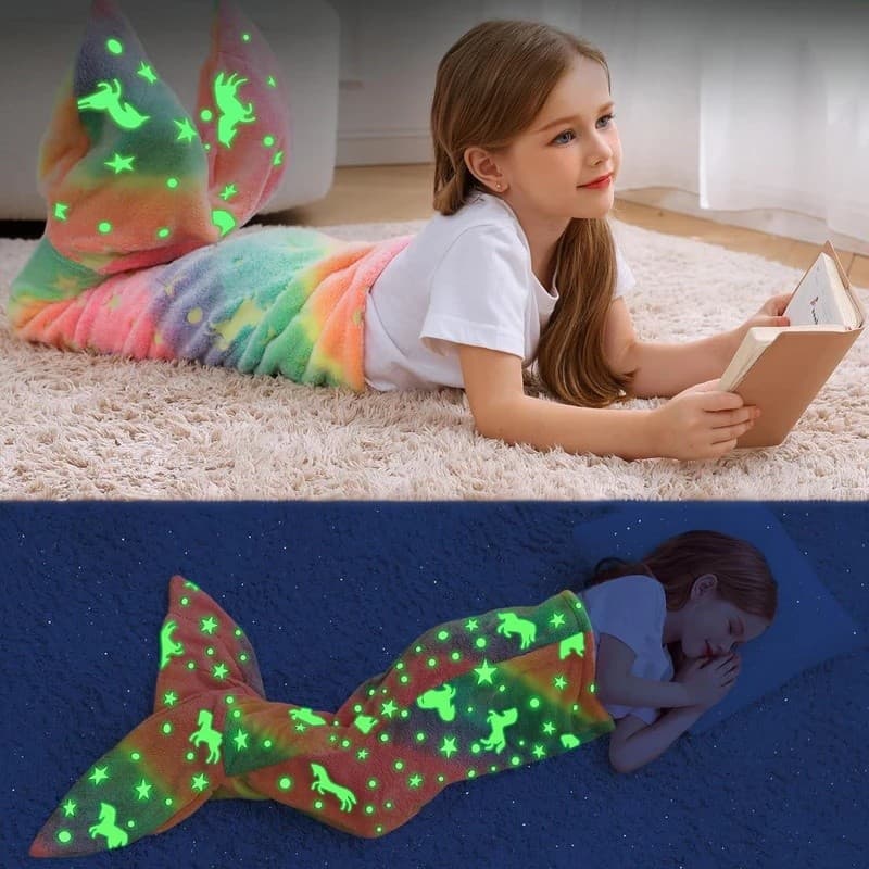 Cobertor De Flanela Macia Que Brilha No Escuro Para Crianças , Cauda De Sereia Com design De Escama De Peixe ombre Arco-