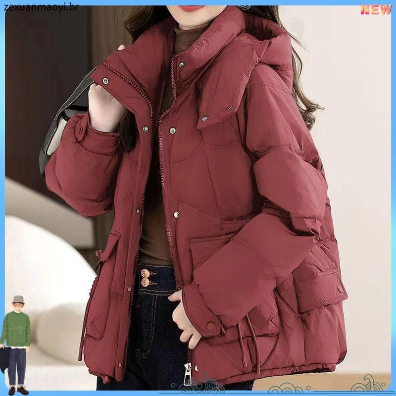 Jaqueta acolchoada feminina 2025 inverno novo estilo jaqueta acolchoada estilo curto versão coreana solta com capuz engr