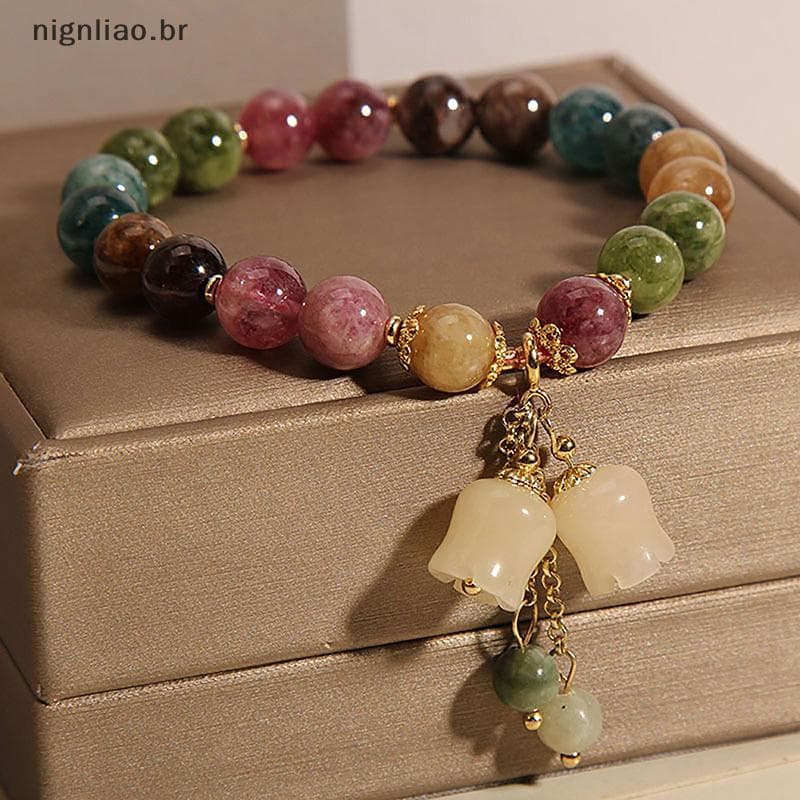nignliao Moda Cor Natural Turmalina Cristal Pulseiras Luz Feminina Luxo Orquídea Pingente Frisado Pulseira Festa De Aniv