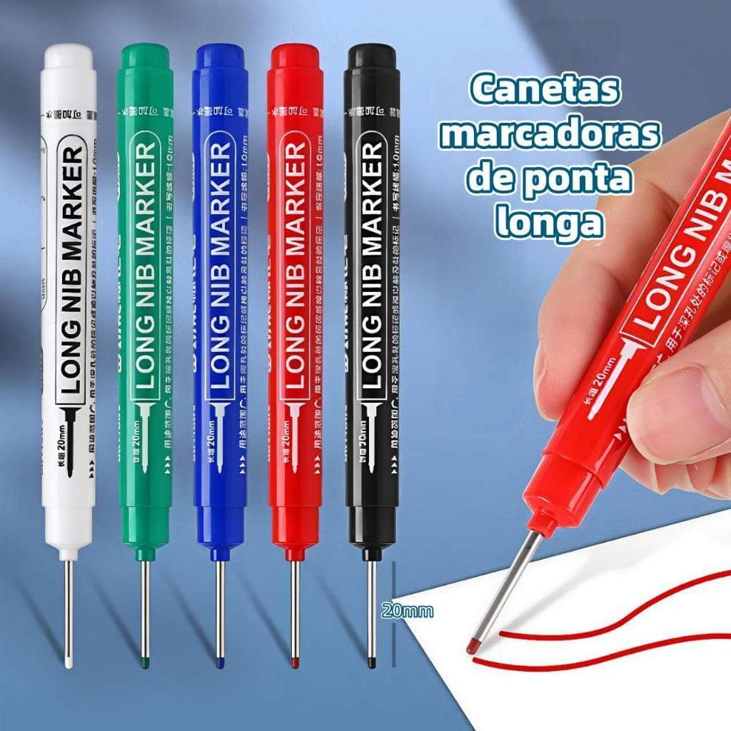 Kit 4 Canetas Marcadoras Permanentes Ponta Longa para Furos Profundos Madeira Metal Vidro Construção