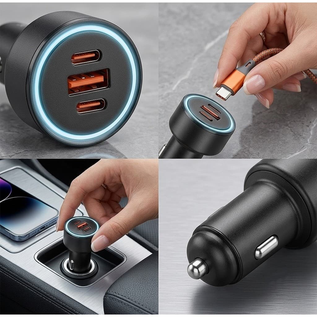 Carregador Veicular Ultra PD 100W com 2 Type-C + USB LED Homologado ANATEL - Carga Rápida Dual 12V/24V