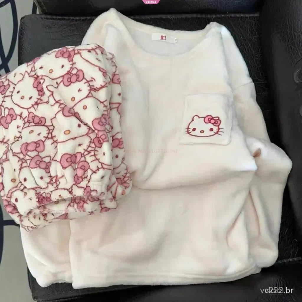 Pijamas de Flanela Sanrio com Estampa da Hello Kitty, Estilo Japonês, Pijamas de Veludo RMSP para Mulheres, Novidade de