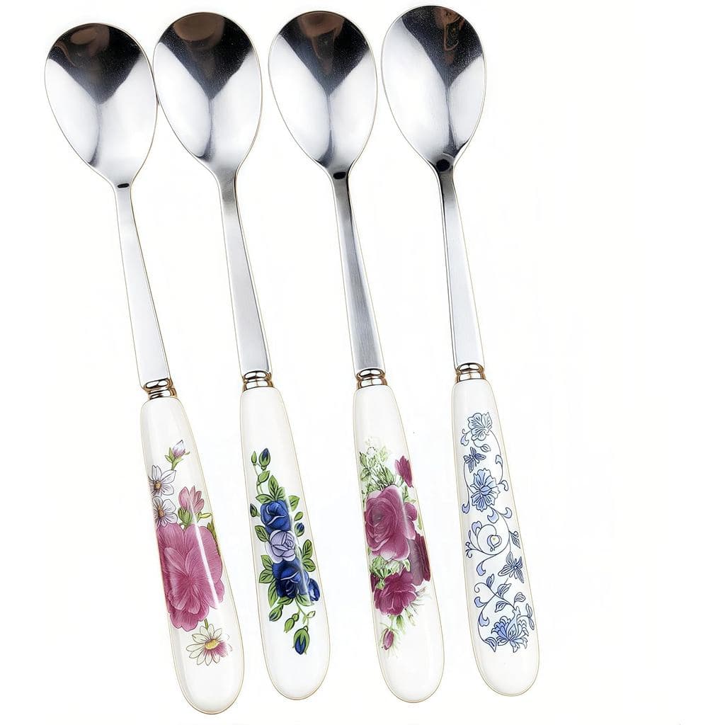 Conjunto de Colheres de Café 4 em 1 em Aço Inoxidável e Cerâmica - Cabo Floral Elegante, Colher para Chá/Sobremesa/Sorve