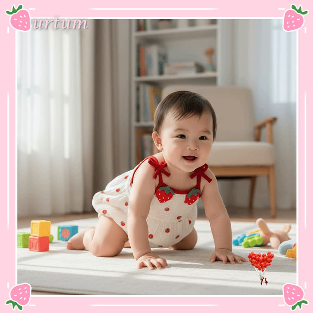 Macacão De Bebê URTUM , Fino Com Estampa De Morango , Lindo Laço Doce , Roupas De Verão