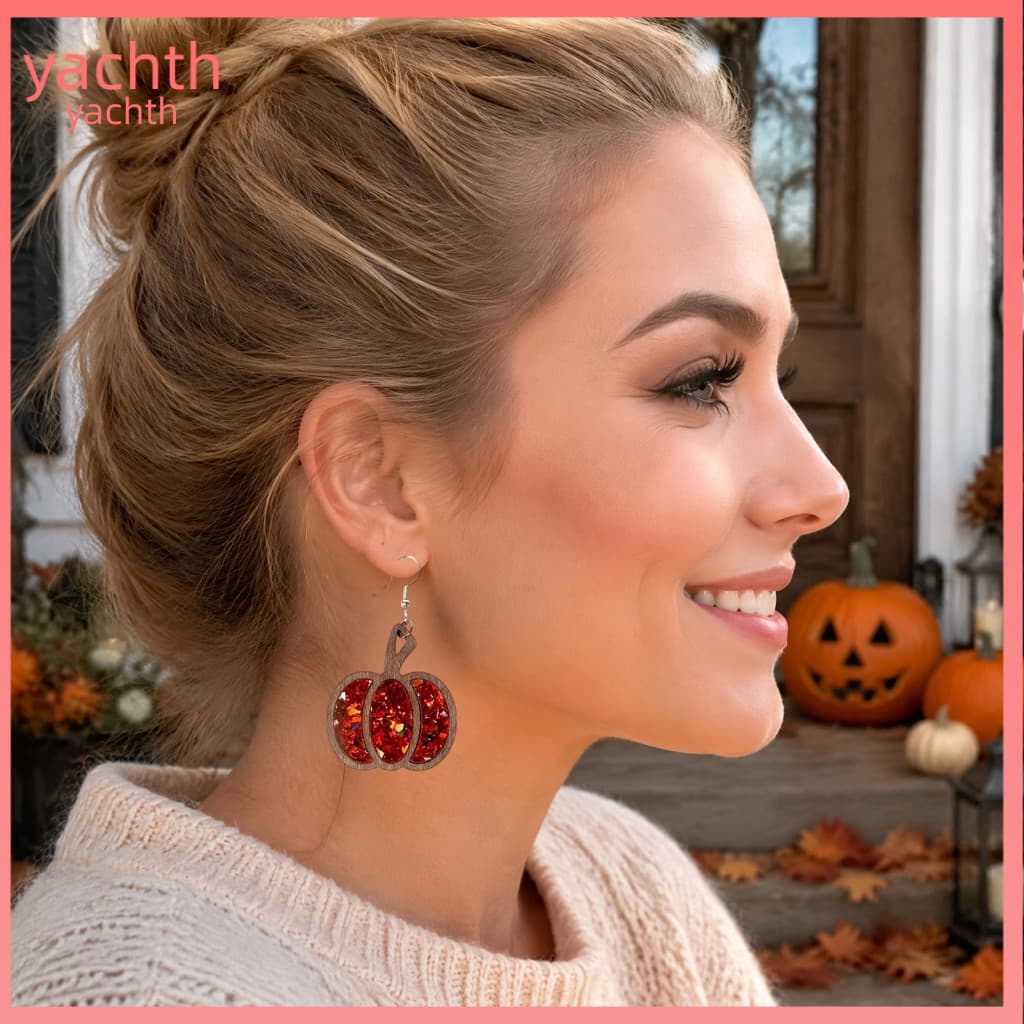 Sparkly Glitter Earrings for Women Gift for Her 1 Pair Wooden Pumpkin for Autumn Halloween Dangle Drop Jewelry Fall Than