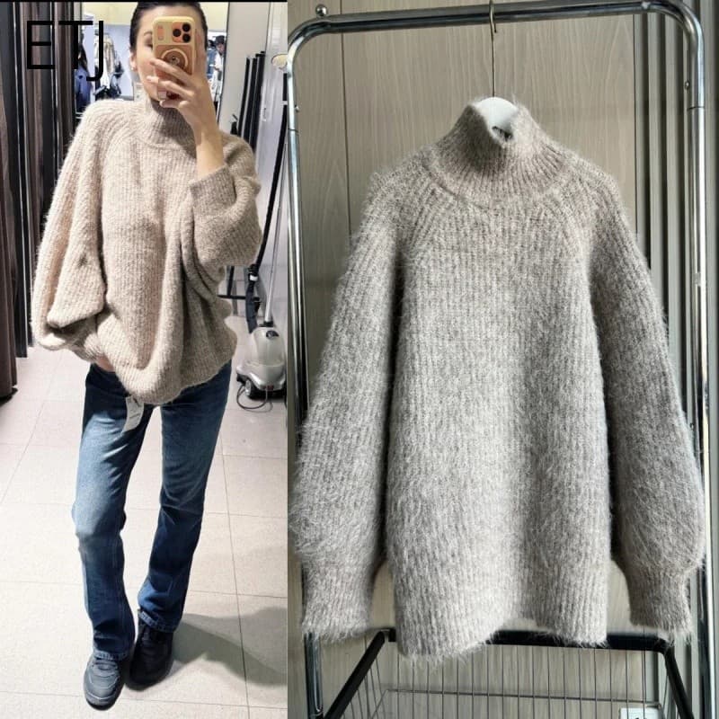 Suéter feminino de inverno ETJ 2025, elegante e delicado, com corte amplo, toque macio, gola alta e mangas compridas.
