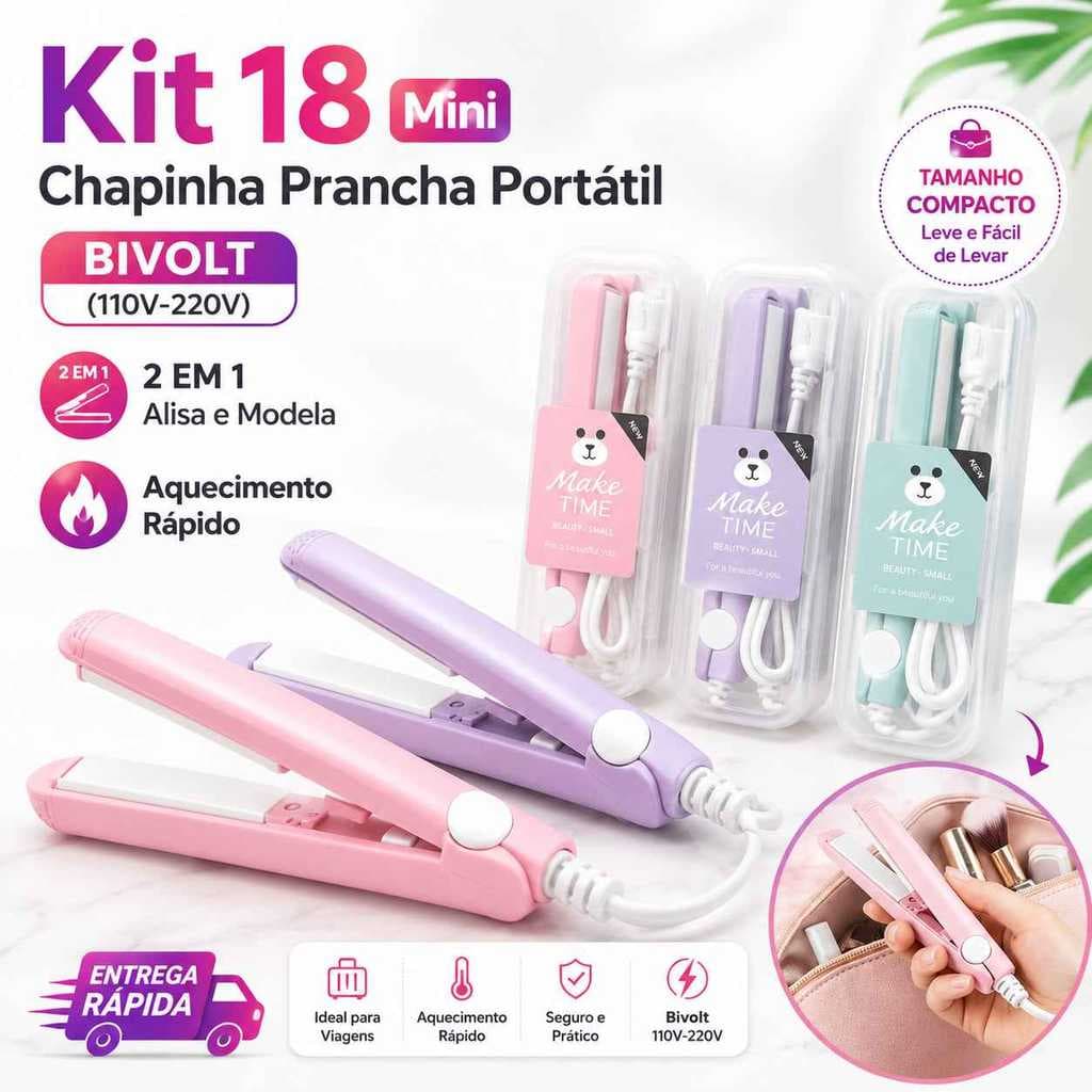 Kit  Mini Chapinha Prancha De Cabelo Portátil Com Case Transporte Bivolt Estojo Entrega rápida