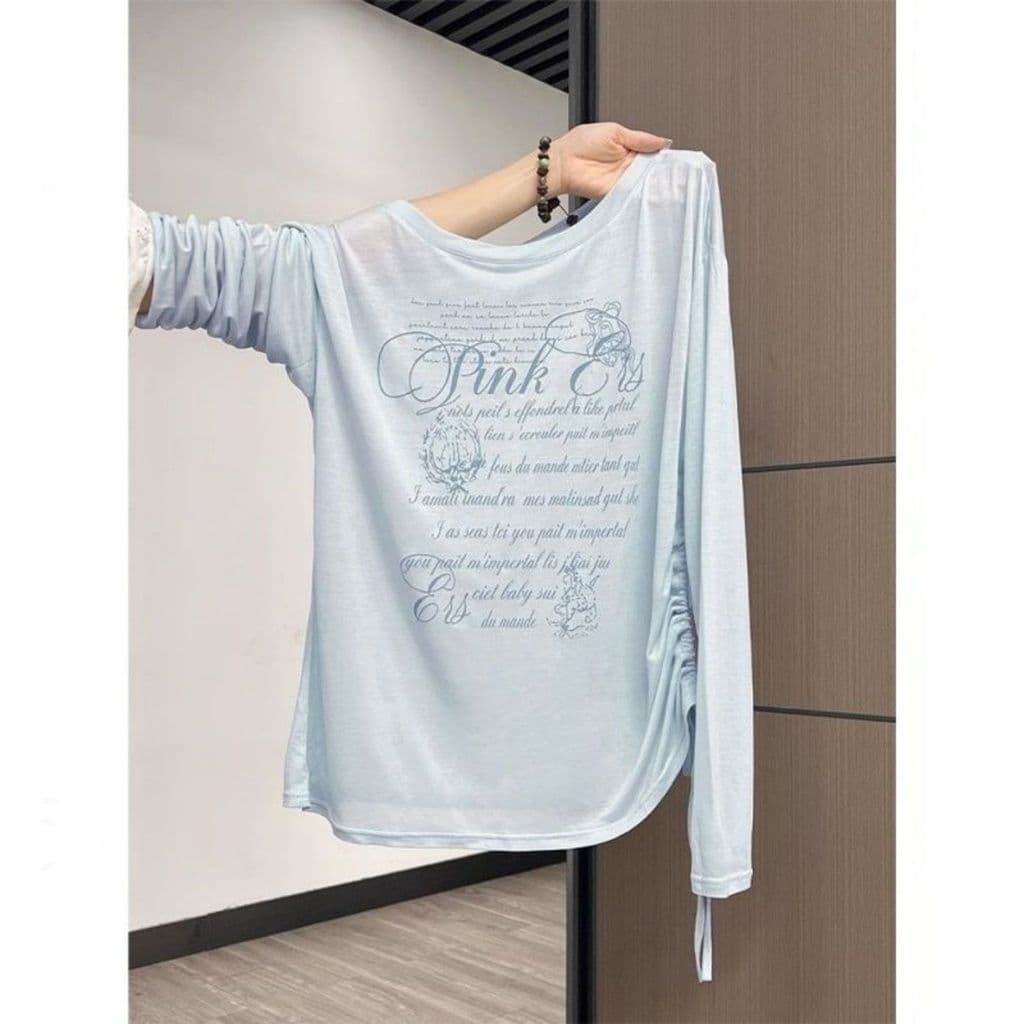 Azul fino estilo protetor solar blusa Diagonal ombro camisa de manga comprida feminina verão novo estilo impresso cordão