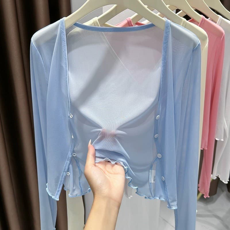 Cardigan de gaze de seda gelo azul tule verão com saia protetor solar High-End xale Sling saia blusa externa feminina