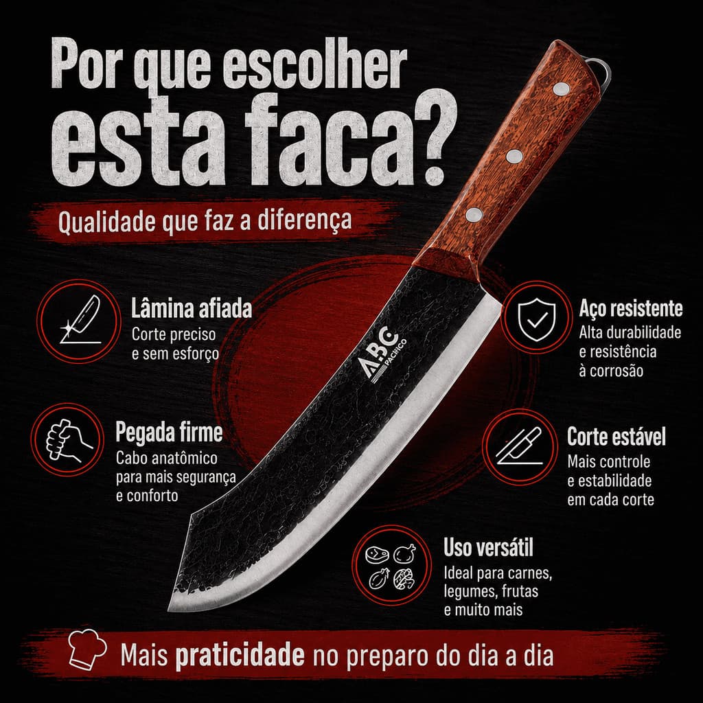 Faca de Carne Premium com Lâmina Preta Forjada, Cabo Anatômico de Madeira, Faca para Churrasco