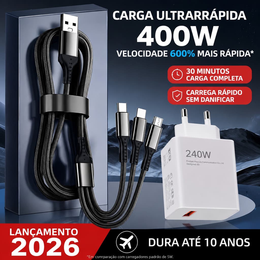 Cabo 3 em 1 para Carregador Rápido 100W com Display LED Digital USB Tipo C Lightning Micro USB Universal.