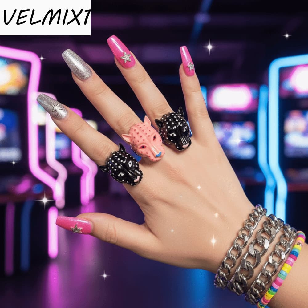 Anel Esmaltado De Cabeça De Leopardo VELMIX1 , De Gotejamento Ajustável De Liga Animal Coreano Vintage De Metal