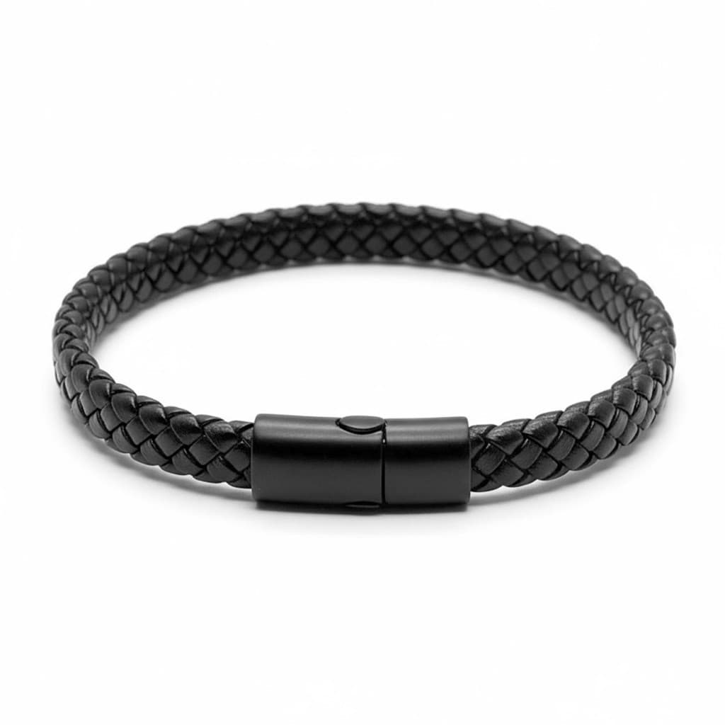 Pulseira Clássica Couro Trançado Fecho Magnético Aço Inoxidável Preto Ajustável