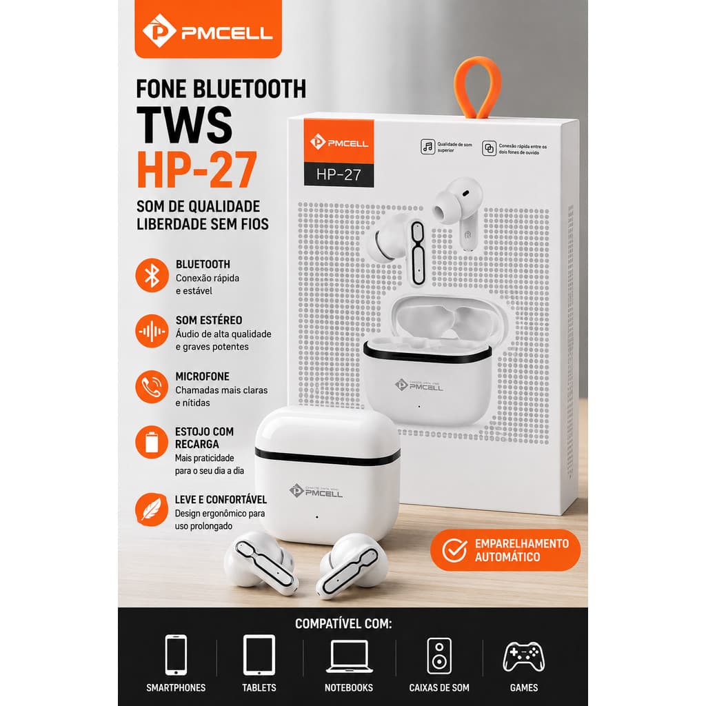 Fone de Ouvido Bluetooth TWS PMCELL HP-27 Sem Fio com Estojo de Recarga | Som Estéreo HD | Android e iPhone
