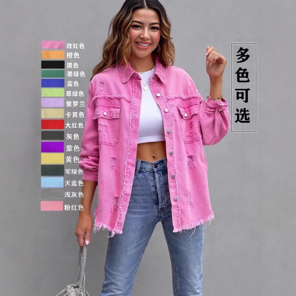 2025 novo estilo europeu americano estilo de comprimento médio desgastado rasgado Denim jaqueta feminina outono inverno