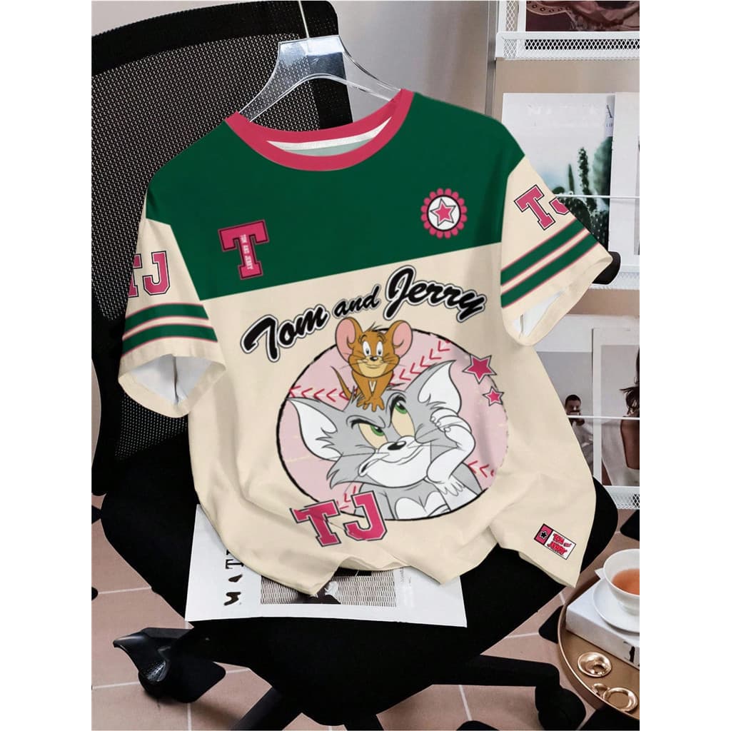 Camiseta de Manga Curta com Estampa Digital 3D da Série TOM & JERRY, Confortável e Casual para Uso Diário QNSQ