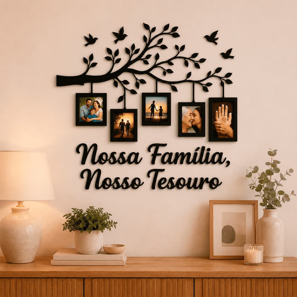 Painel Porta-Retrato Nossa Família Nosso Tesouro em MDF para 5 Fotos 10x15 Sala Quarto e Corredor