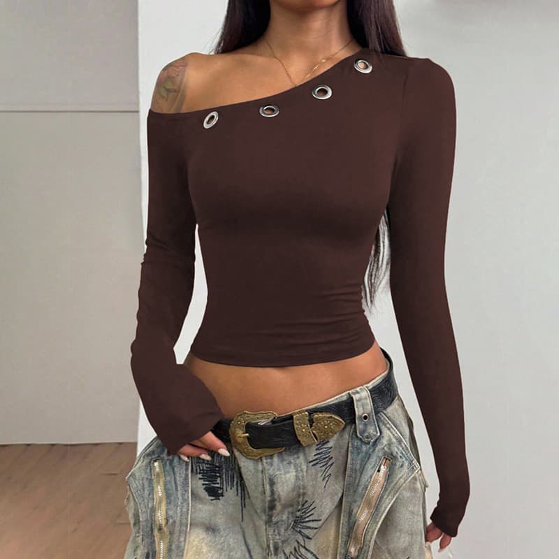 Novo Top Pullover de Manga Longa com Decote Diagonal, Ombros Descobertos e Recorte em Cor Sólida