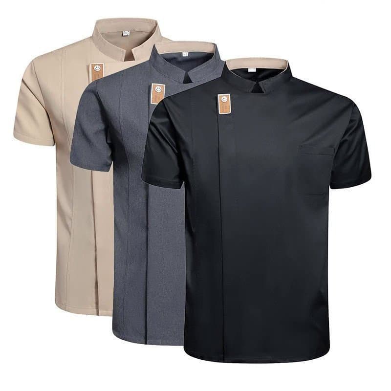 Jaqueta de Chef Preta de Manga Curta, Uniforme de Cozinha, Camiseta Cinza para Chef e Garçom, Roupas de Trabalho para Re