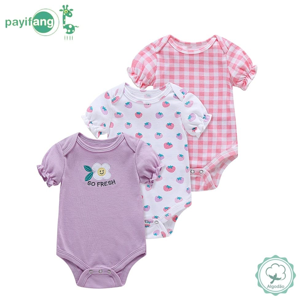 Kit 3 Bodies Bebê Menina Manga Curta Estampa Morango e Xadrez Rosa
