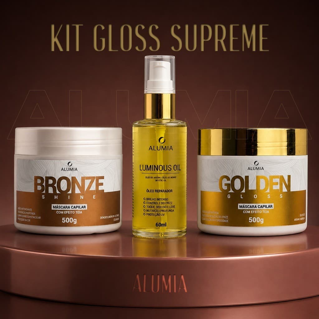 Kit Alumia Gloss Supreme  Mascara Golden Gloss Mascara  Bronze Shine e Luminous Oil Argan Tratamento Capilar